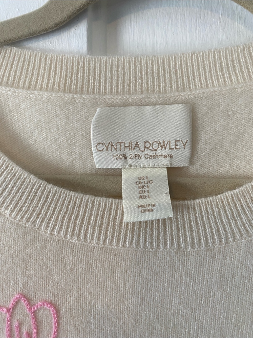 Cynthia Rowley Cream Cashmere Sweater with Pink & Green Floral Embroidery - Picture 7 of 9
